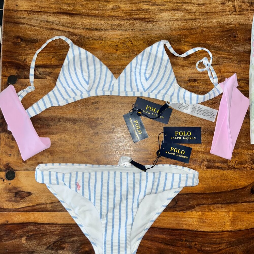 POLO Ralph Lauren Swimwear Bikini 2pc Set Size M Striped Blue White
